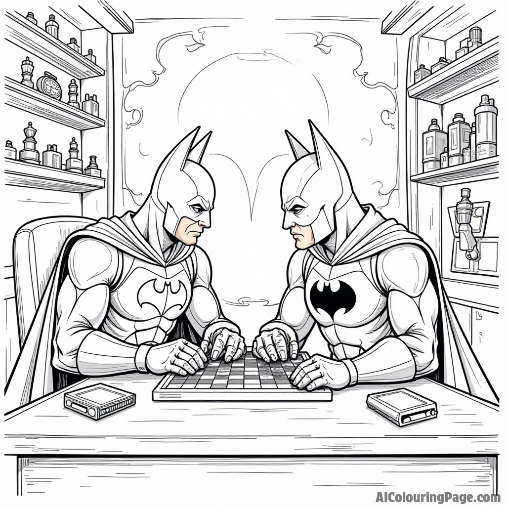 Batman and a friendly robot playing chess in the Batcave, surrounded by gadgets and superhero memorabilia.