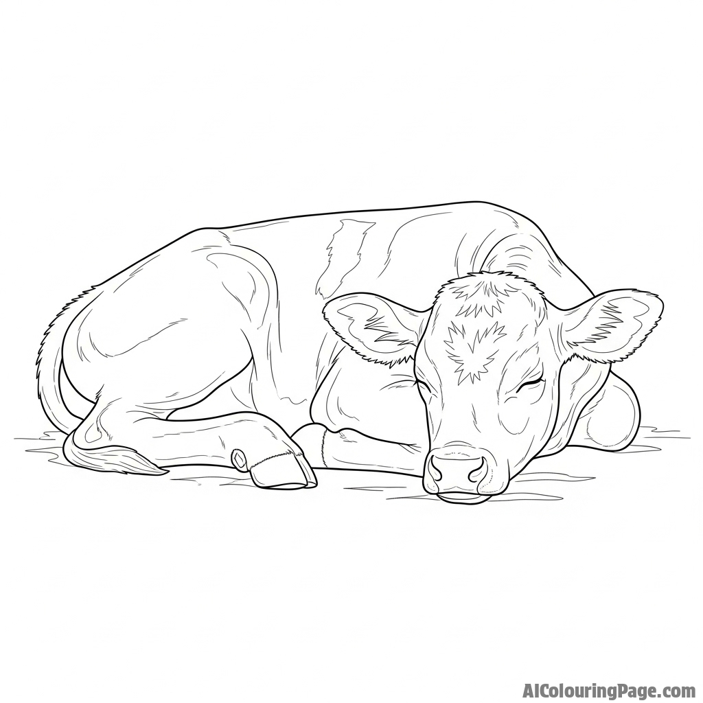 A charcoal sketch of a sleeping calf, emphasizing soft textures and shadows.