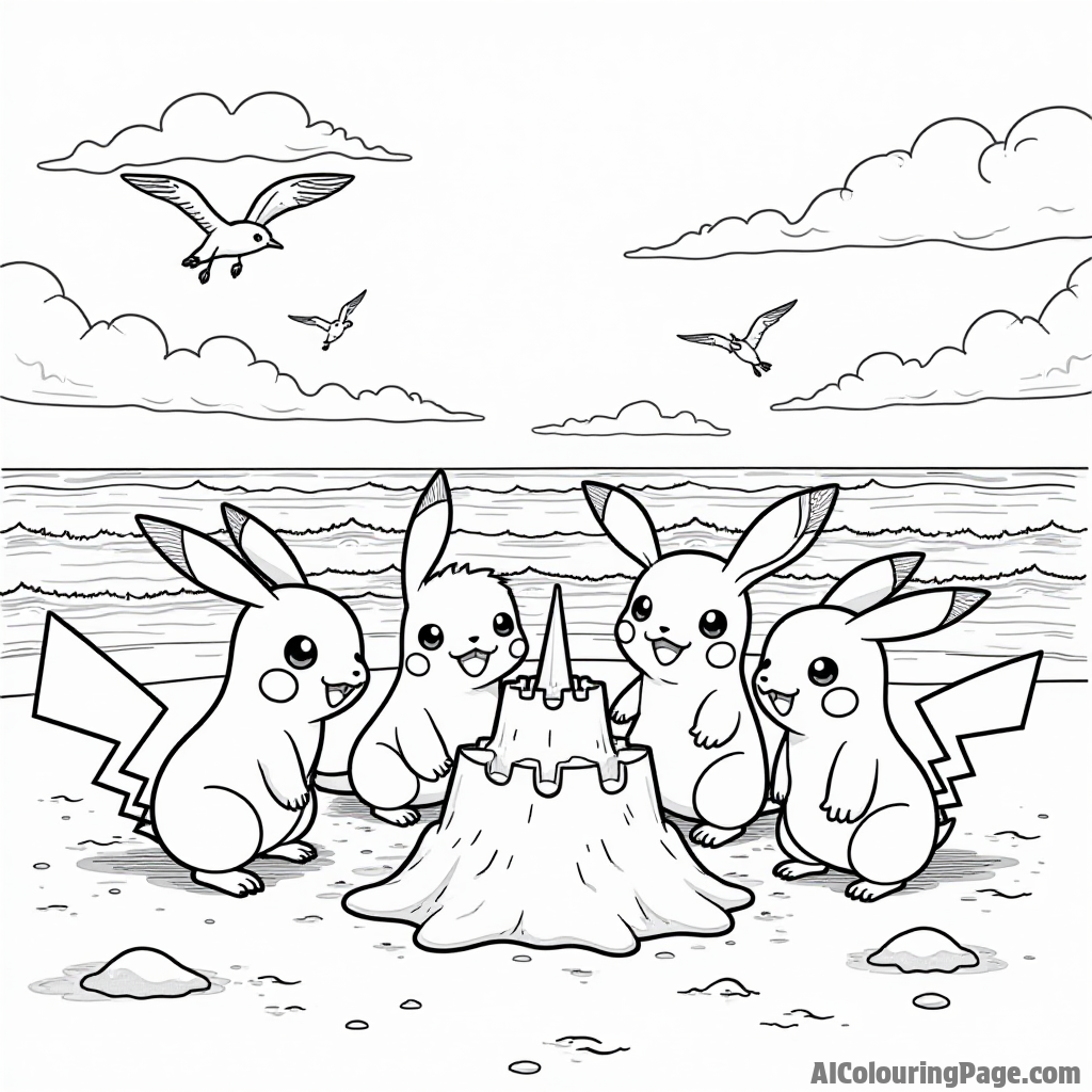 A group of Pokémon building a sandcastle on a sunny beach with waves crashing and seagulls flying above.