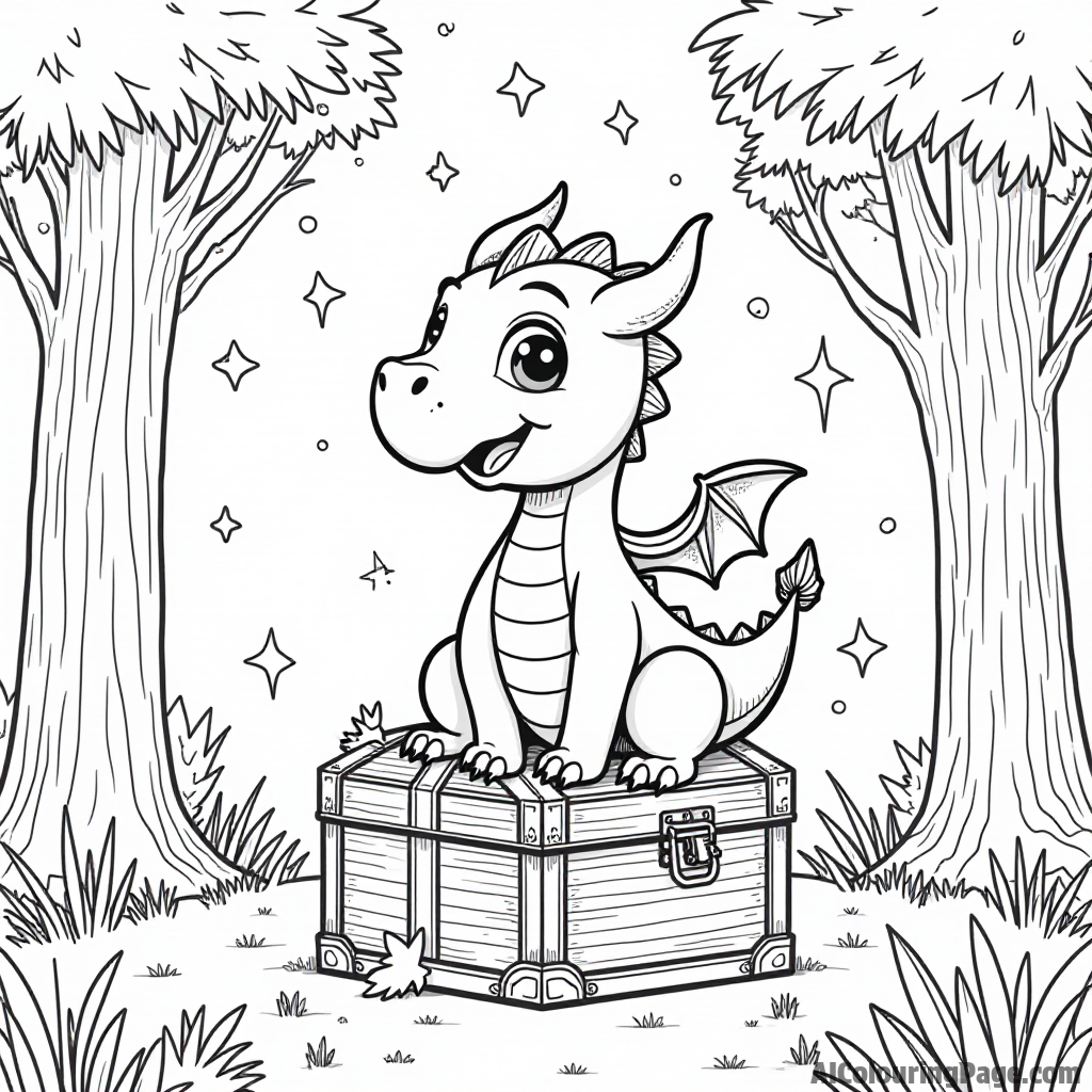 A friendly dragon sitting on a treasure chest in a mystical forest with tall trees and sparkling stars above.