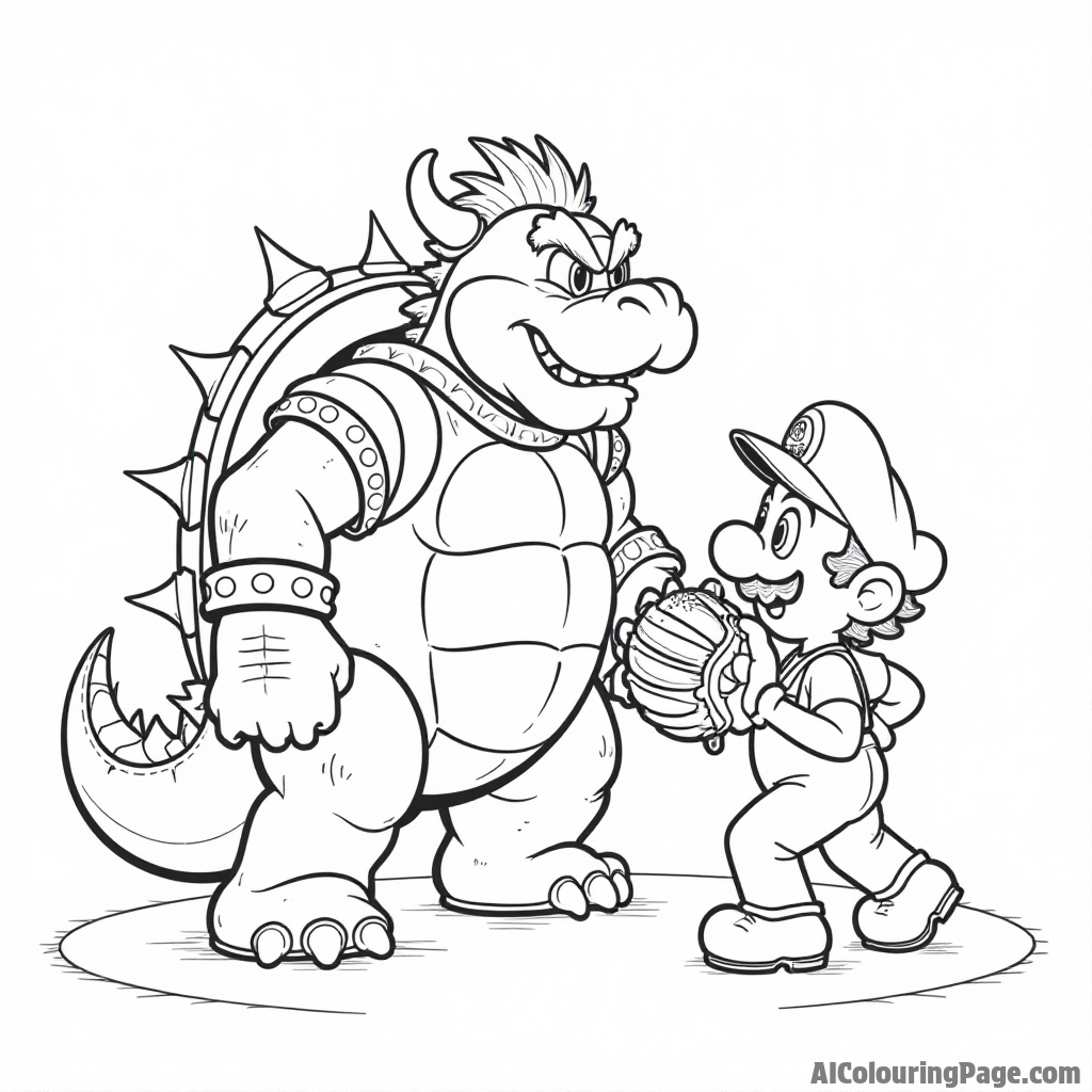 Bowser getting ready to play baseball with Mario as the pitcher and Luigi catching.