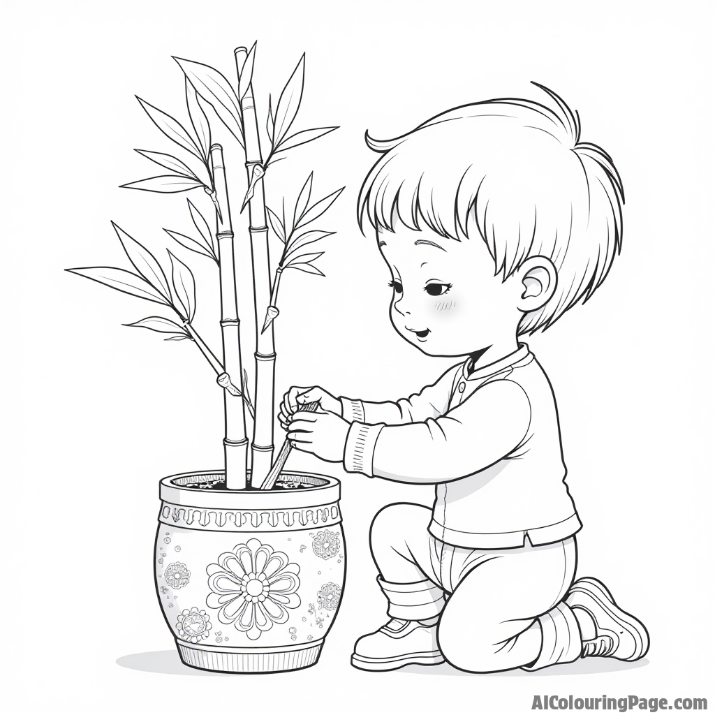 A child planting a lucky bamboo plant in a pot decorated with New Year symbols, representing growth and prosperity, ideal for encouraging creativity while learning about Chinese traditions.