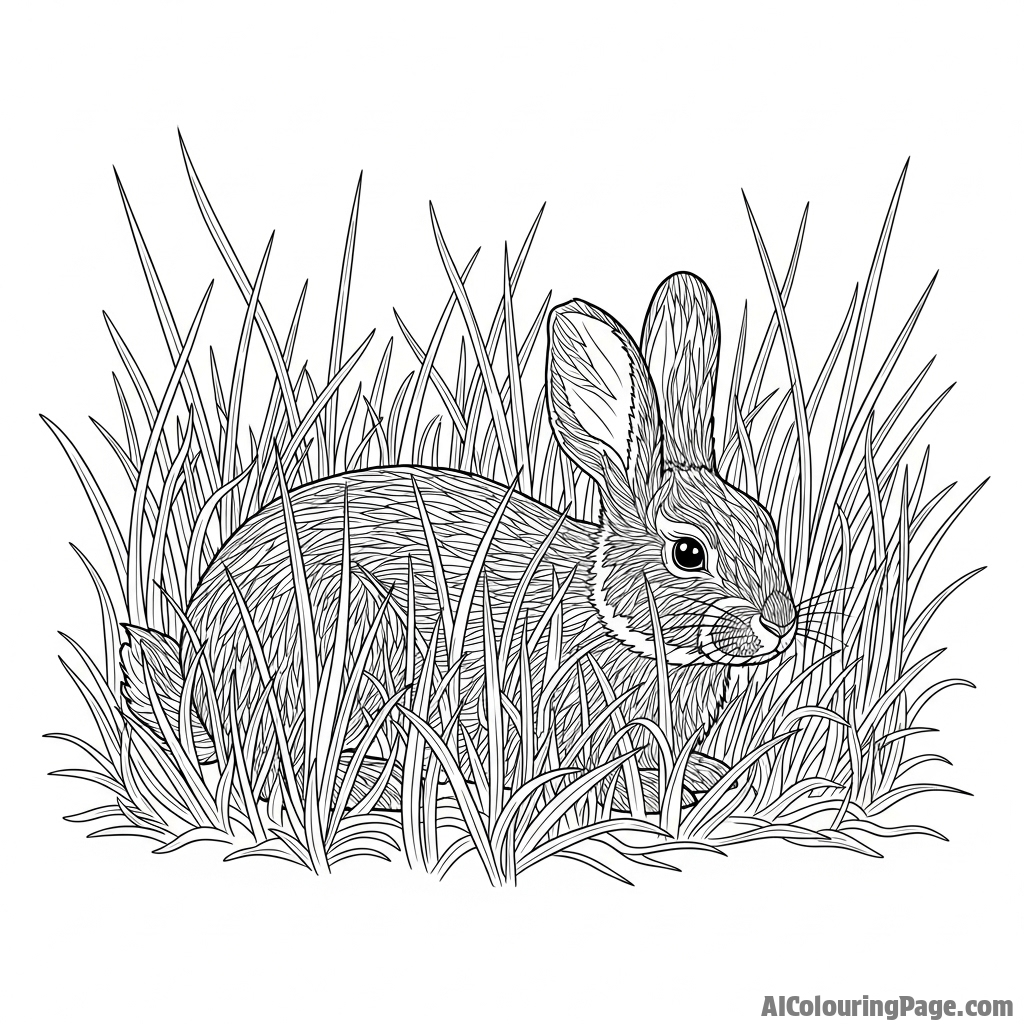 A rabbit camouflaged almost perfectly against a field of dry grass.