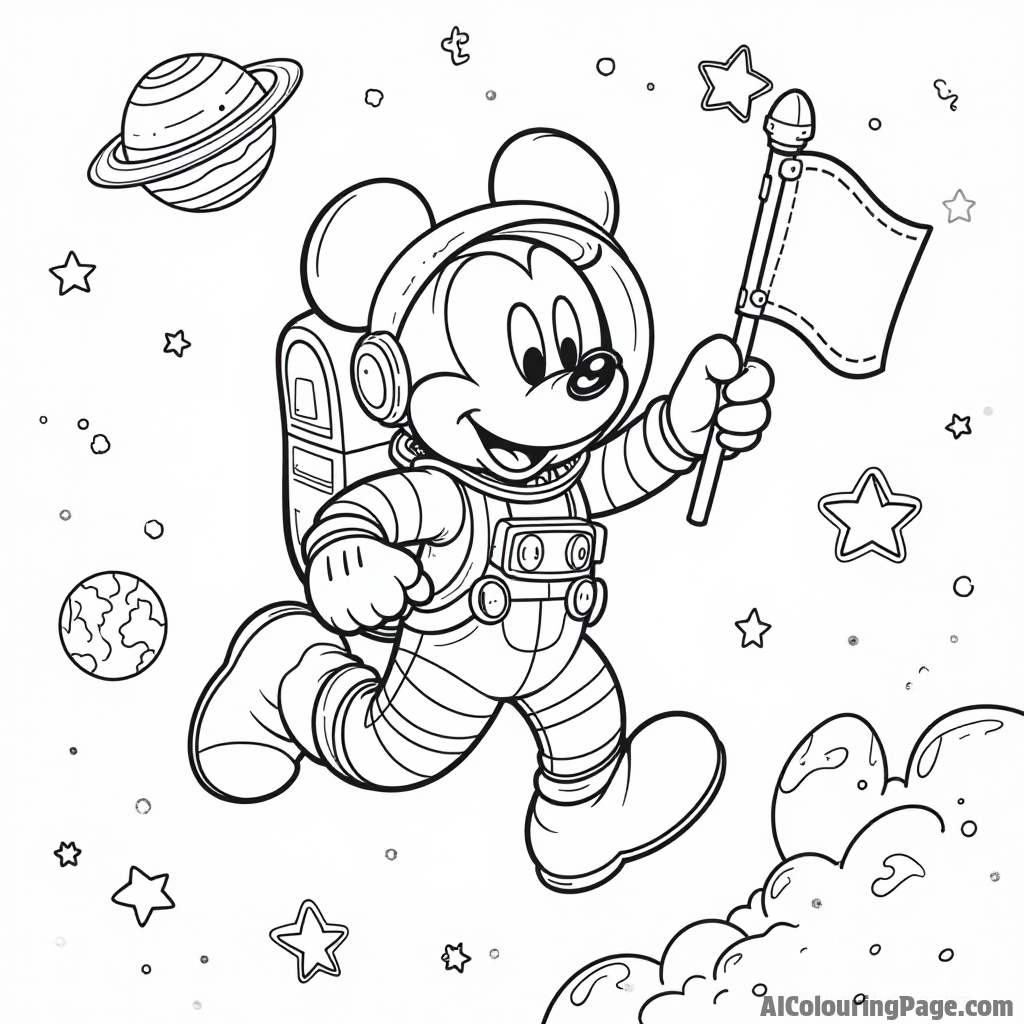 Mickey Mouse as an astronaut floating in space, surrounded by stars and planets, holding a flag.