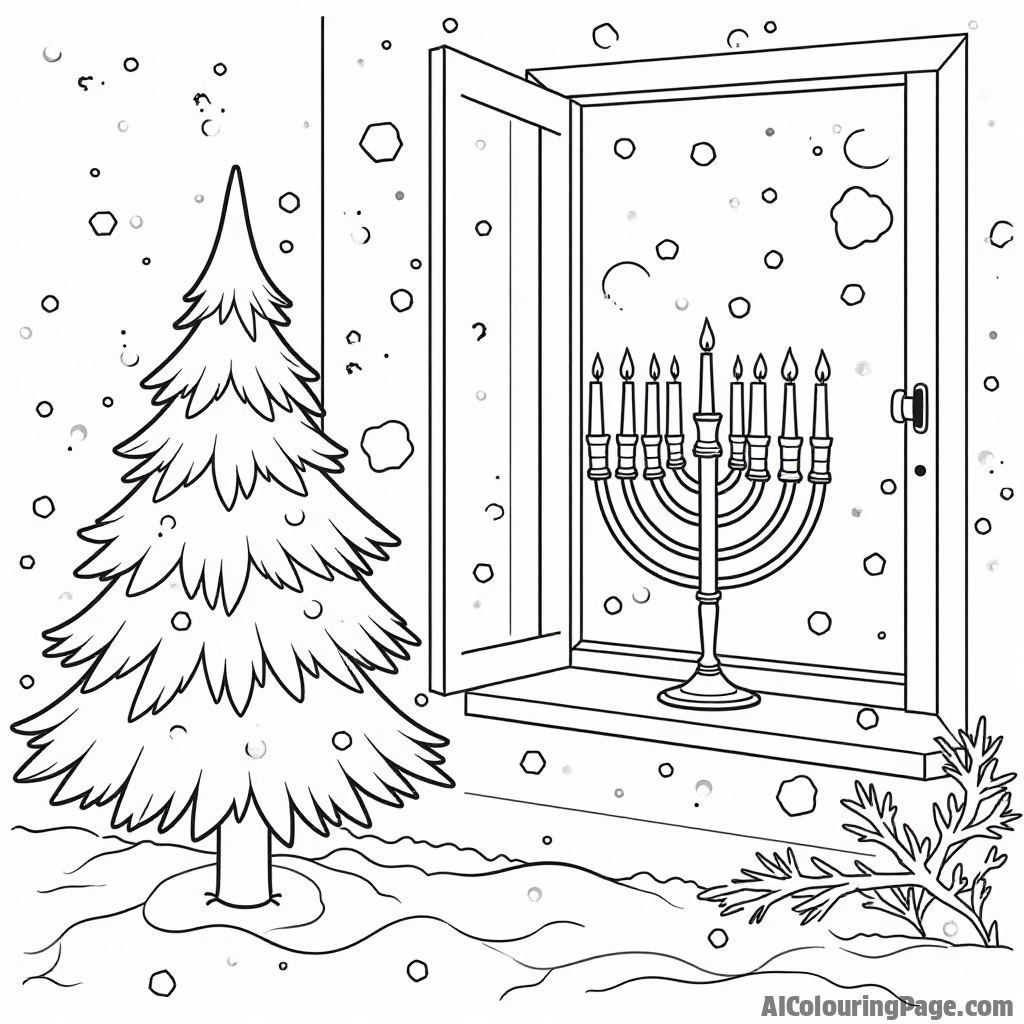 A snowy winter scene with a menorah glowing brightly in the window, creating a peaceful and festive atmosphere for kids to color during the Hanukkah season.