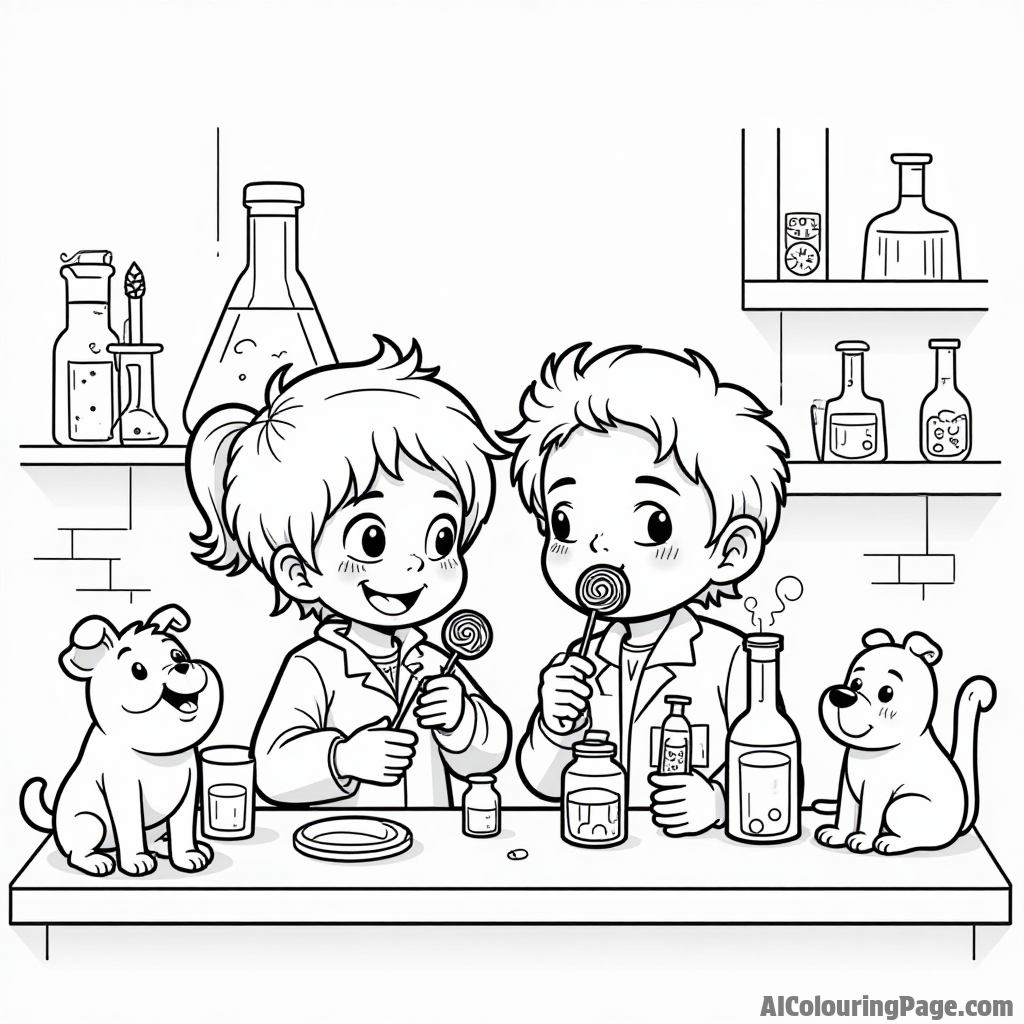 A fun science lab with kids experimenting with lollipop flavors, colorful test tubes, and playful pets curiously watching