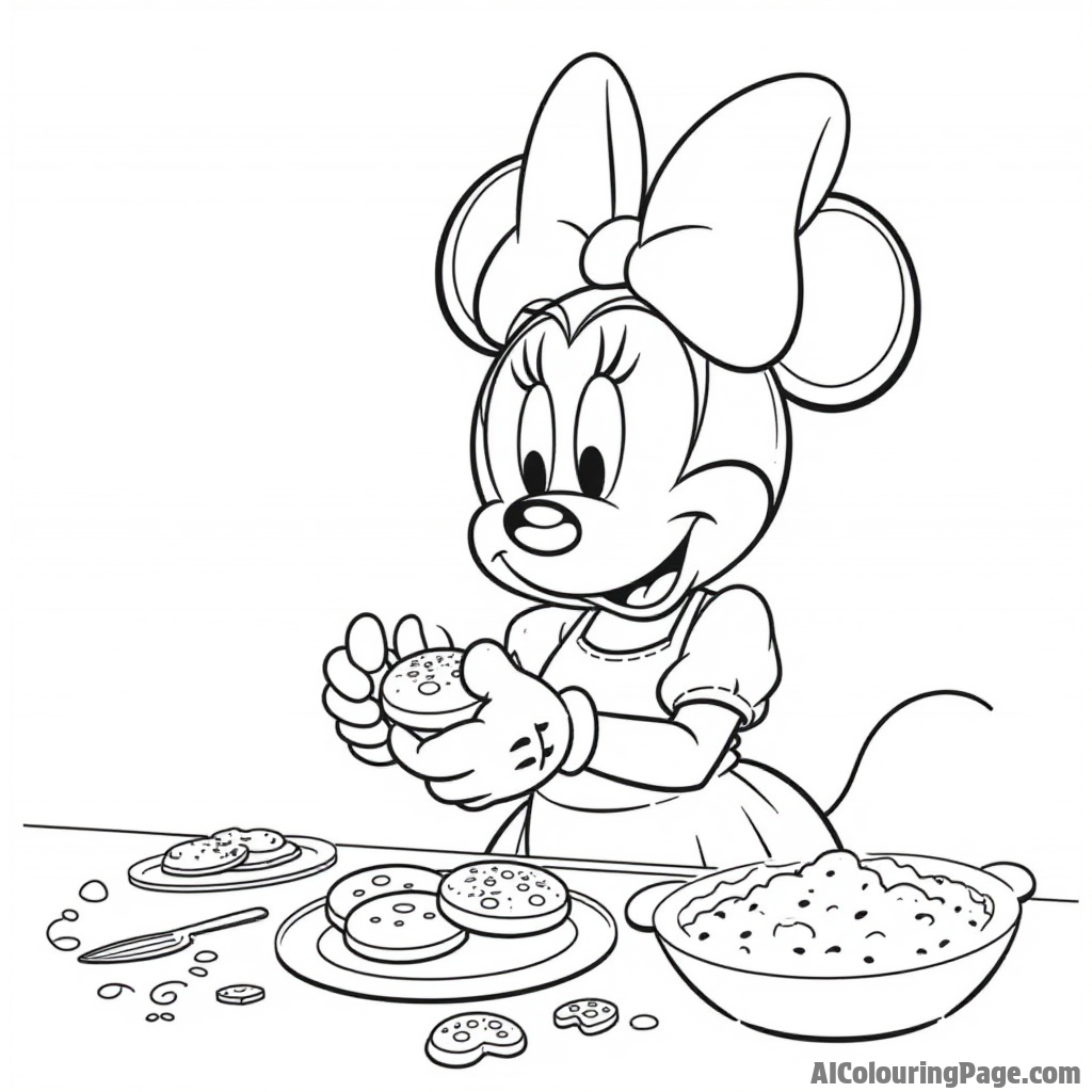 Minnie Mouse baking cookies in the kitchen, surrounded by cookie dough, flour, and colorful sprinkles on the table