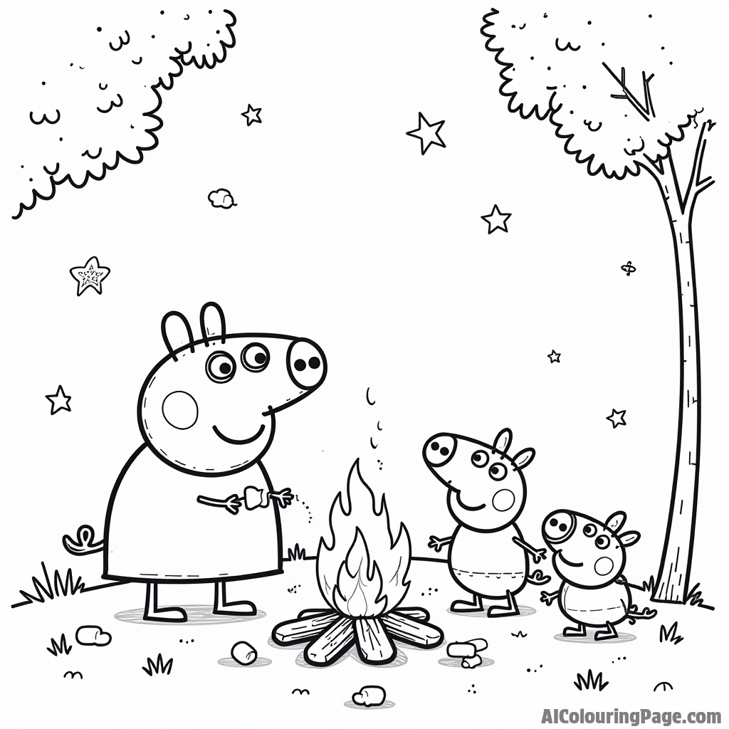 Peppa Pig and her family enjoying a cozy campfire while roasting marshmallows under a starry night sky.