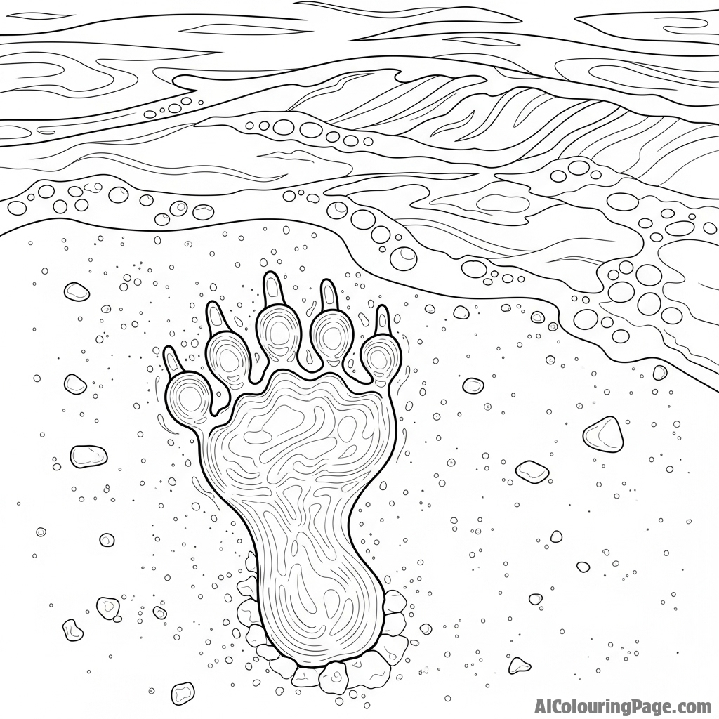 An iguana's footprint left in wet sand, with the tide approaching.