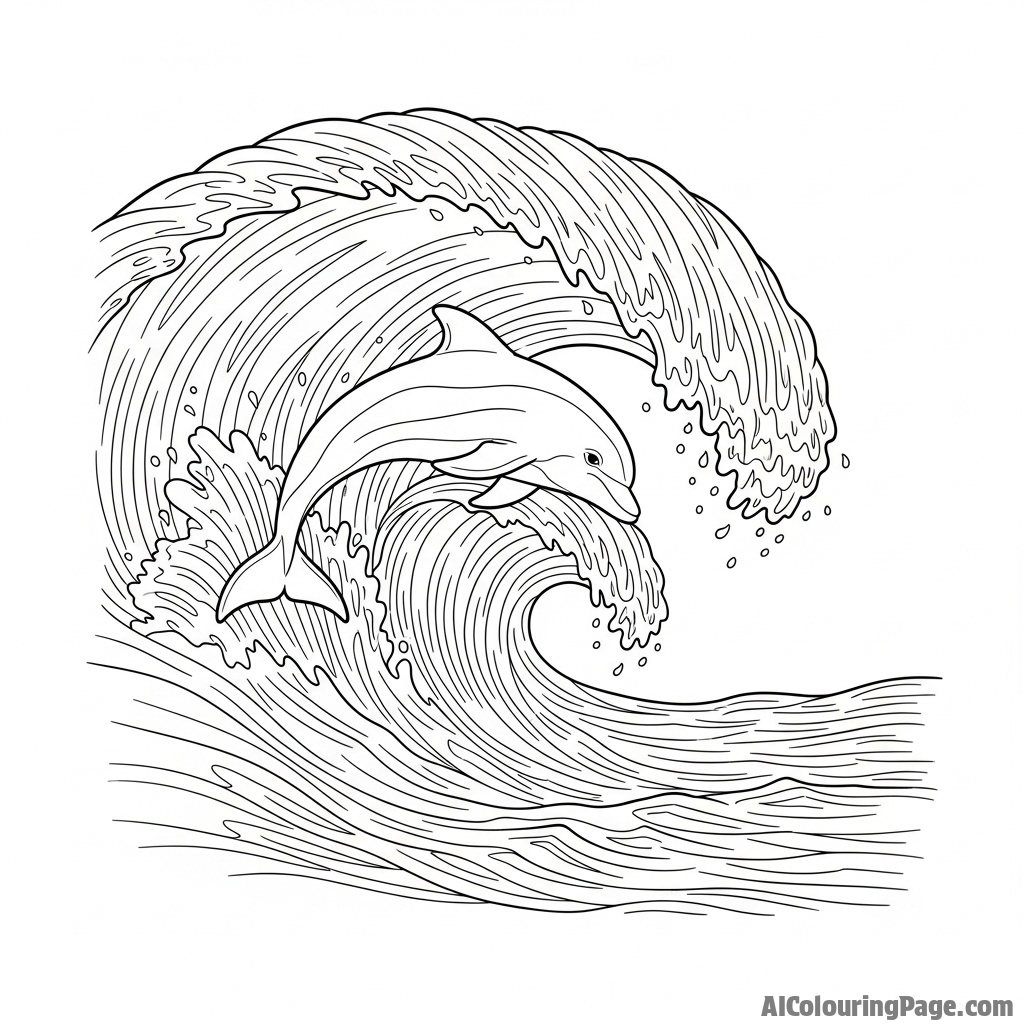 A dramatic, high-contrast photograph of a dolphin leaping through a massive, curling wave.