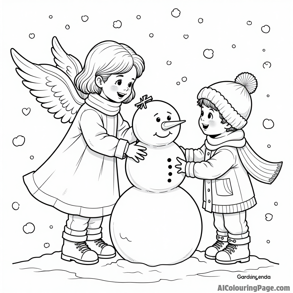 An angel and children building a snowman together on a snowy day, complete with scarves and hats for coloring.