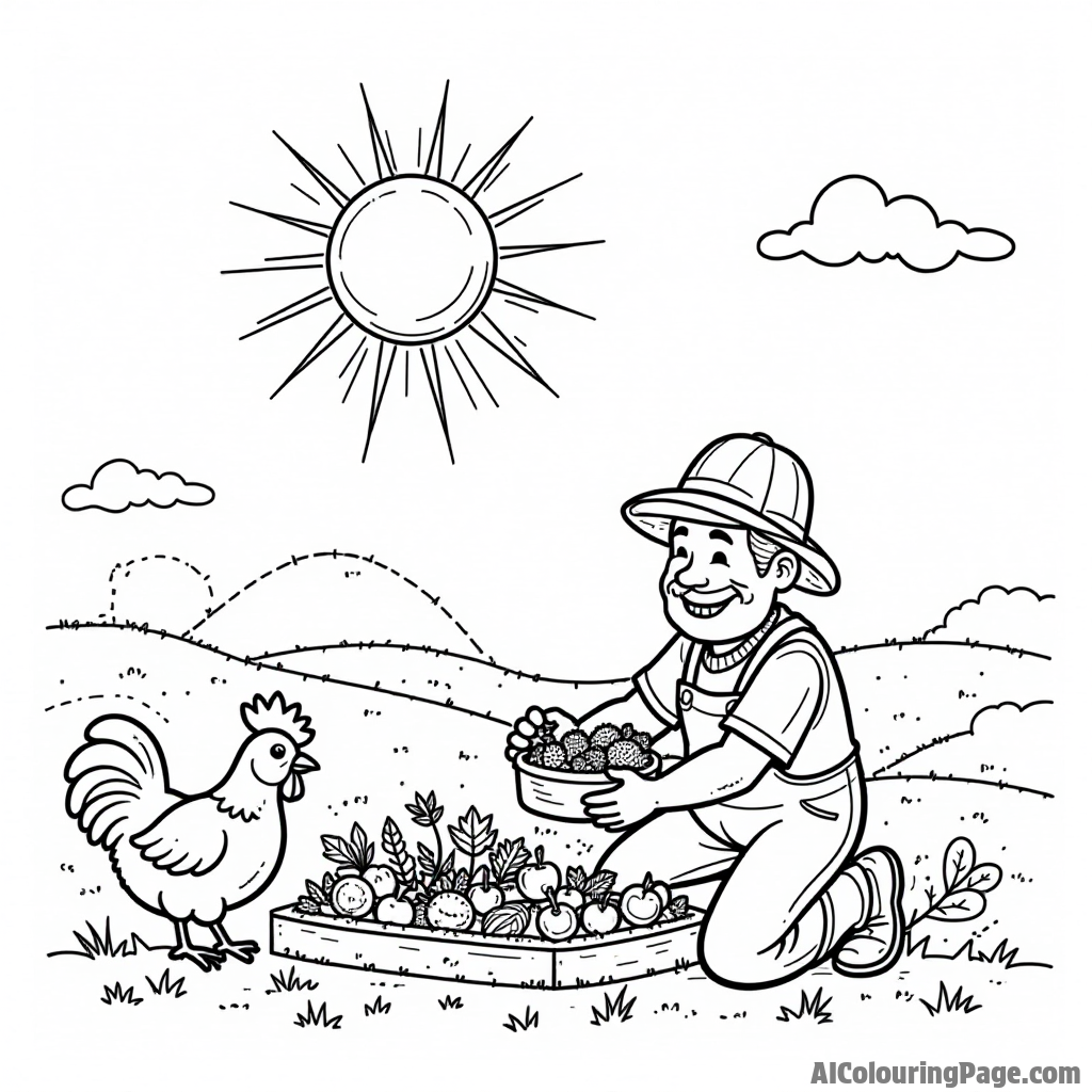 A cheerful farmer tending to his garden with vegetables, surrounded by chickens and a bright sun shining down on them.