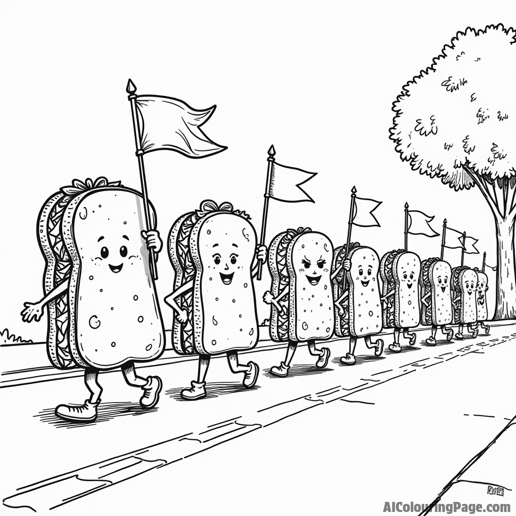 A whimsical sandwich parade with different sandwich characters marching down the street, holding colorful flags.