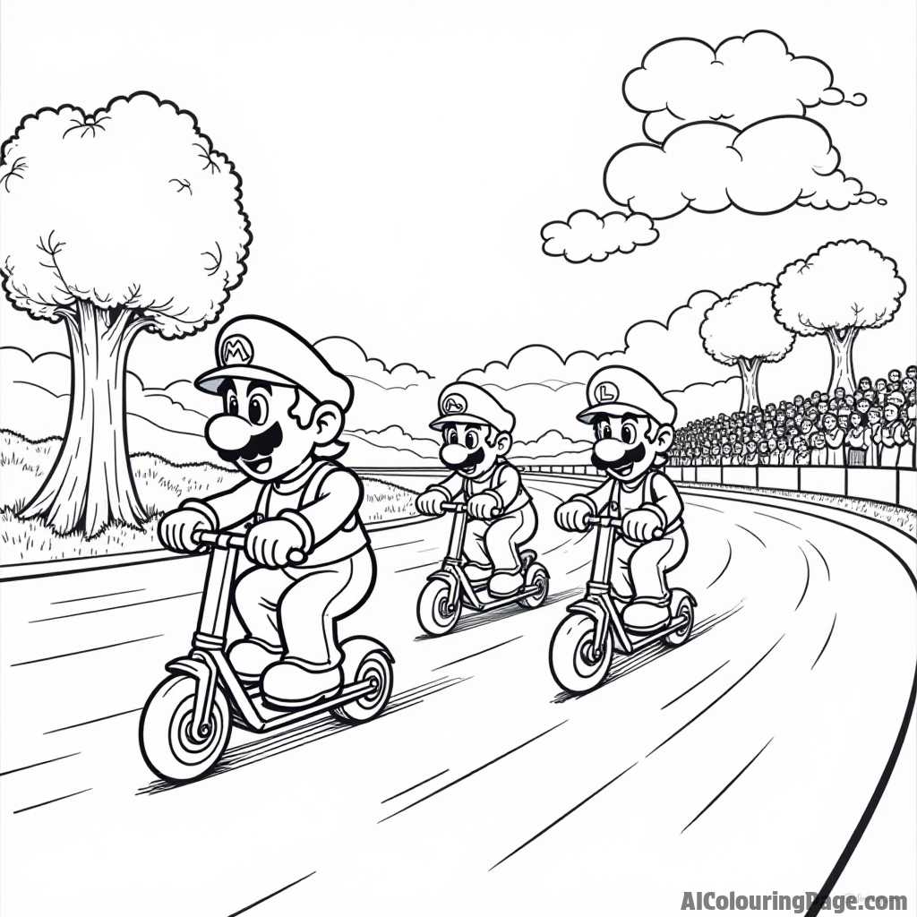 A race between Mario, Luigi, and Toad on scooters with trees and a cheering crowd nearby.