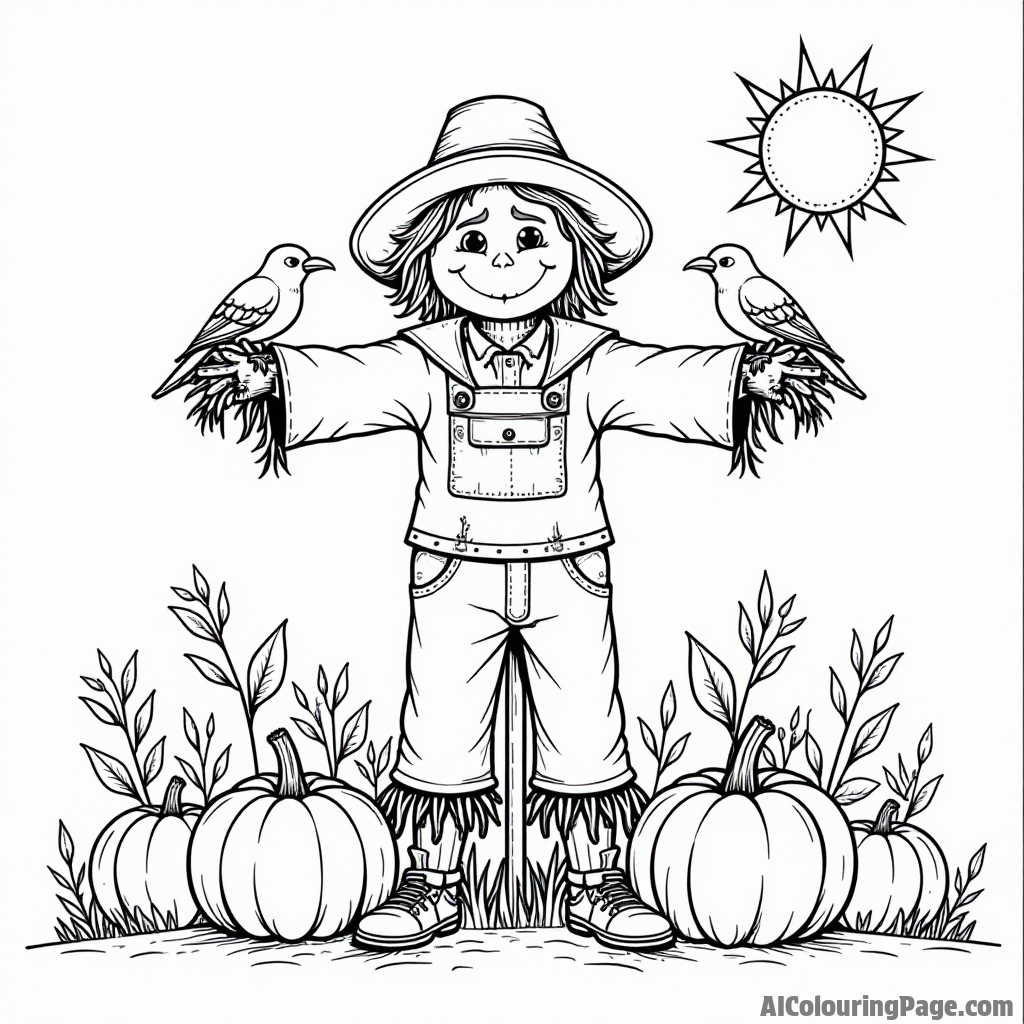 A scarecrow standing in a pumpkin patch with crows perched on its arms and a bright sun shining above.