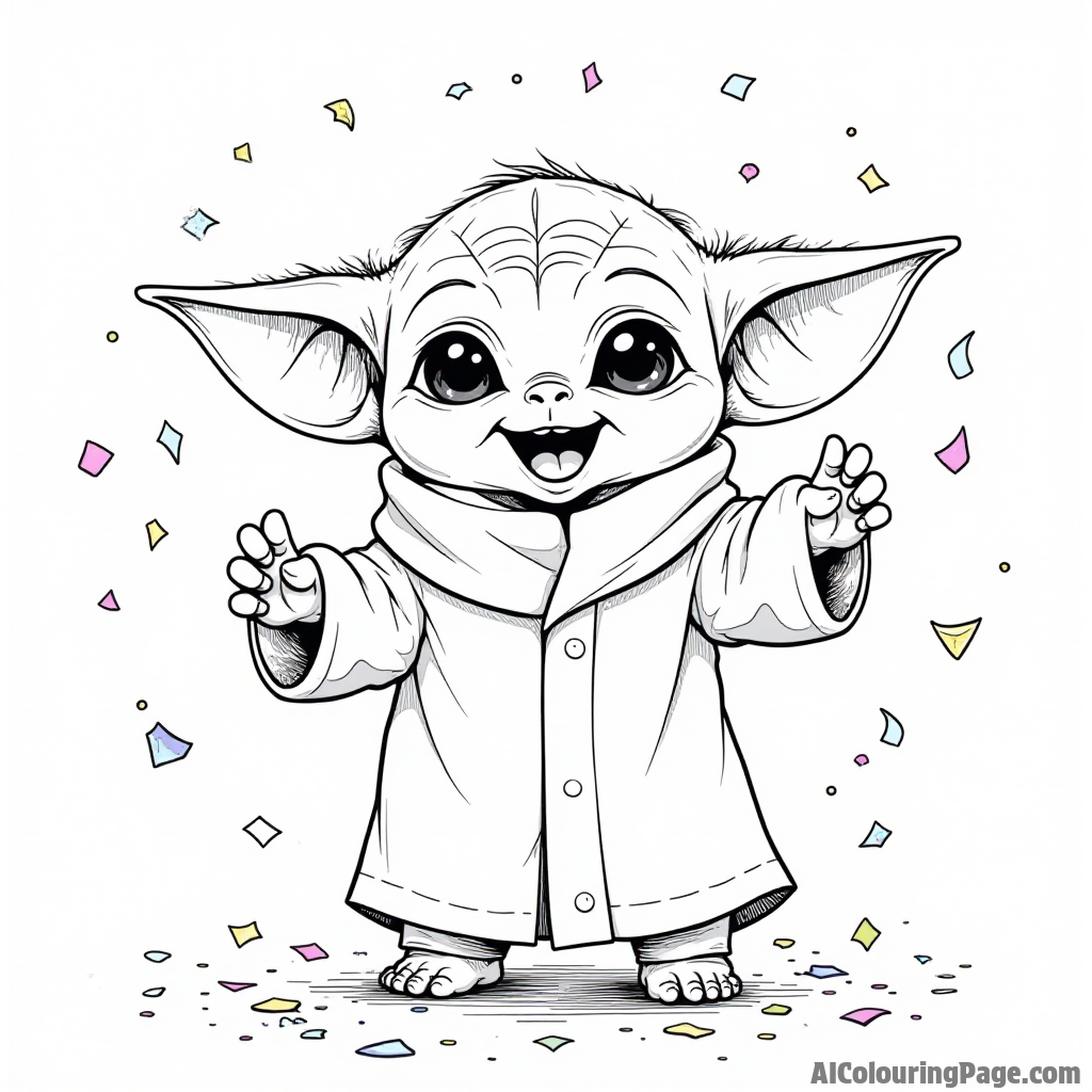 Baby Yoda dancing in a rain of colorful confetti at a fun celebration