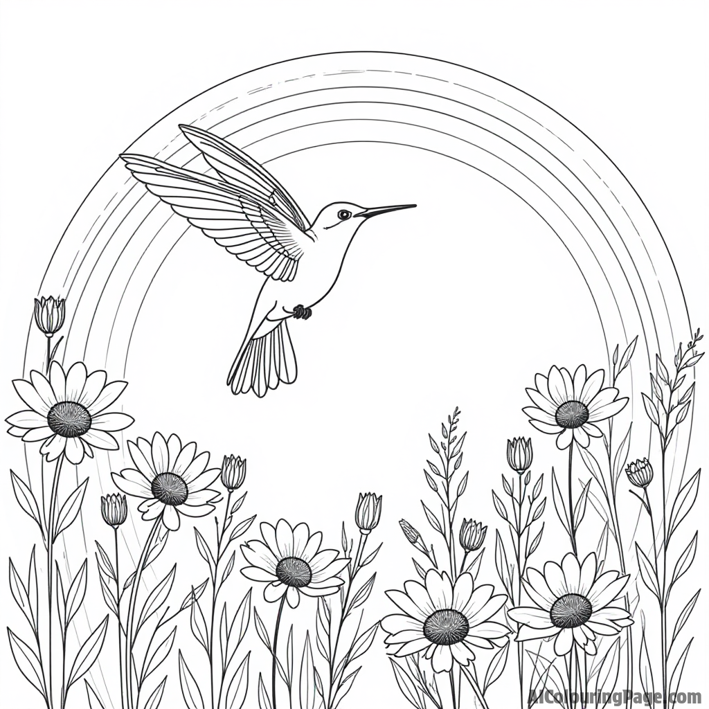 A hummingbird flying above a field of wildflowers with a rainbow arching in the background.