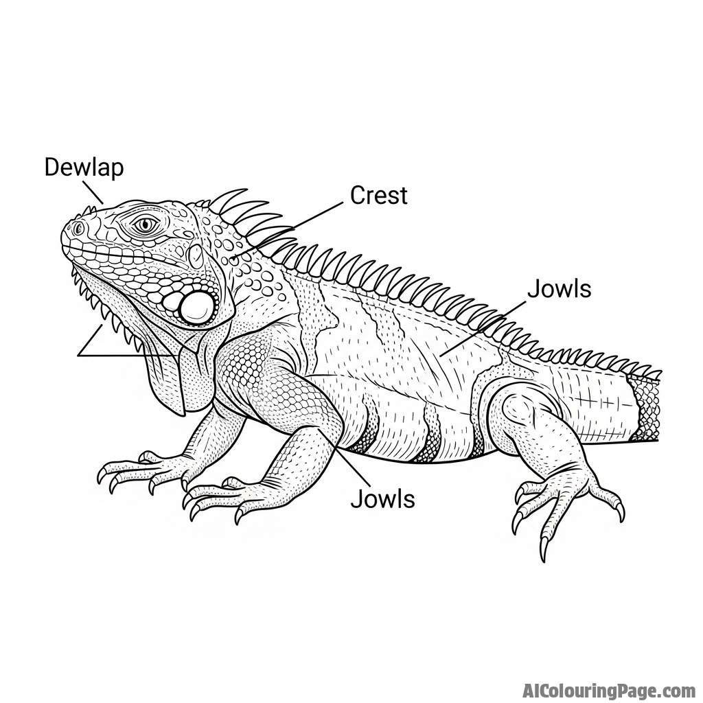 A scientific illustration of an iguana's anatomy, with labels pointing to the dewlap, crest, and jowls.