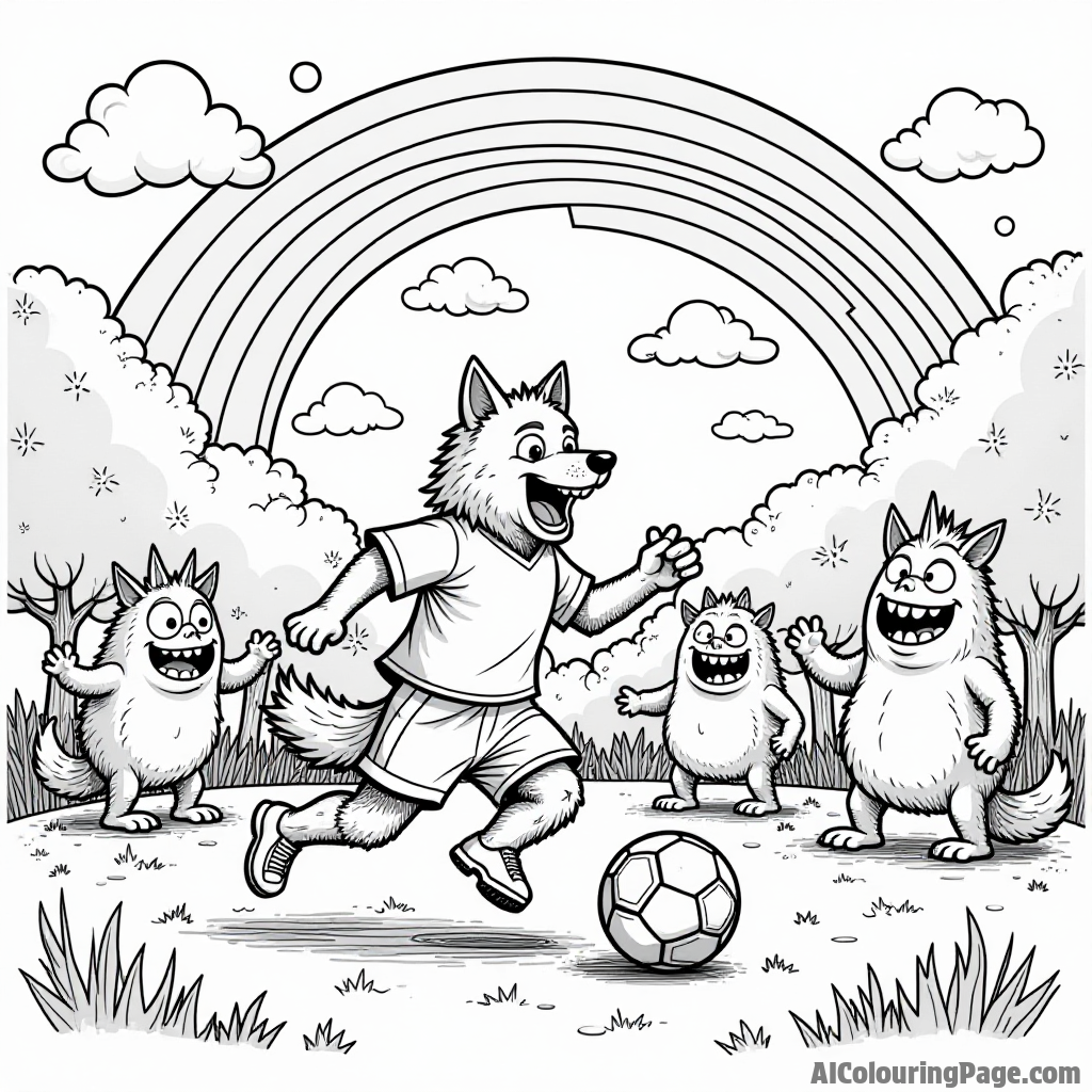 A werewolf playing soccer with a group of friendly monsters in a colorful park under a rainbow.