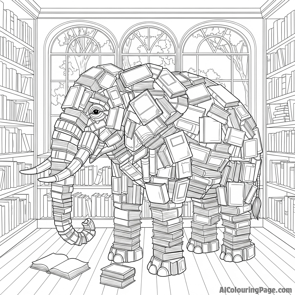 An elephant sculpted from thousands of stacked, antique books in a library.
