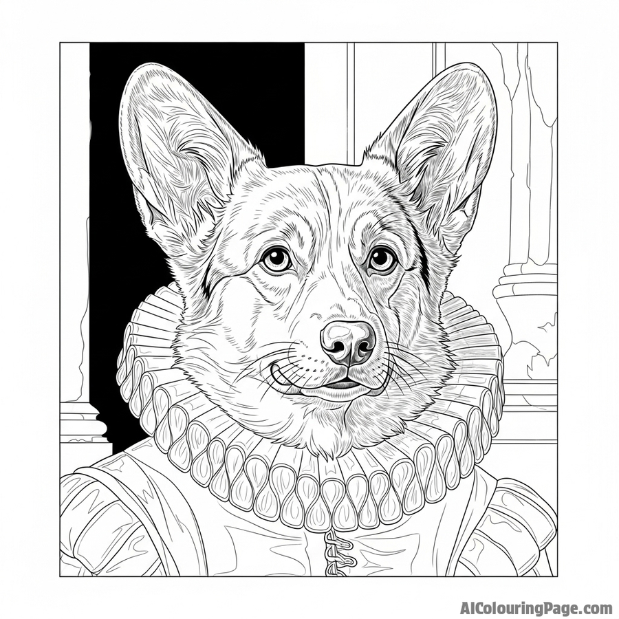 A corgi's portrait in the style of a Dutch Master oil painting, with dramatic lighting.