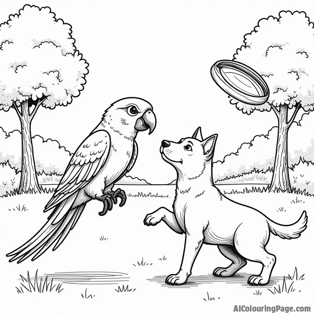 A parrot and a dog becoming best friends while playing fetch with a frisbee in a sunny park