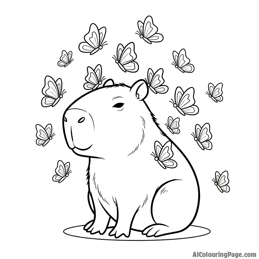 A capybara surrounded by a flurry of butterflies.