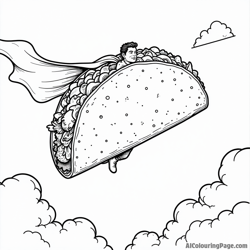 A taco sandwich superhero flying through the sky, cape flowing behind, ready to save the day with deliciousness.