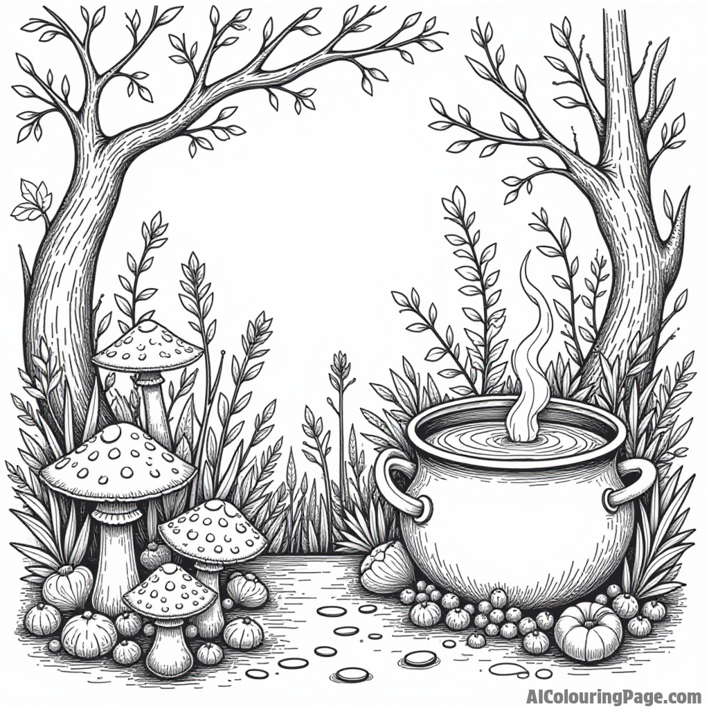 A witch's garden filled with magical plants and ingredients, including mushrooms, herbs, and a bubbling pot nearby.