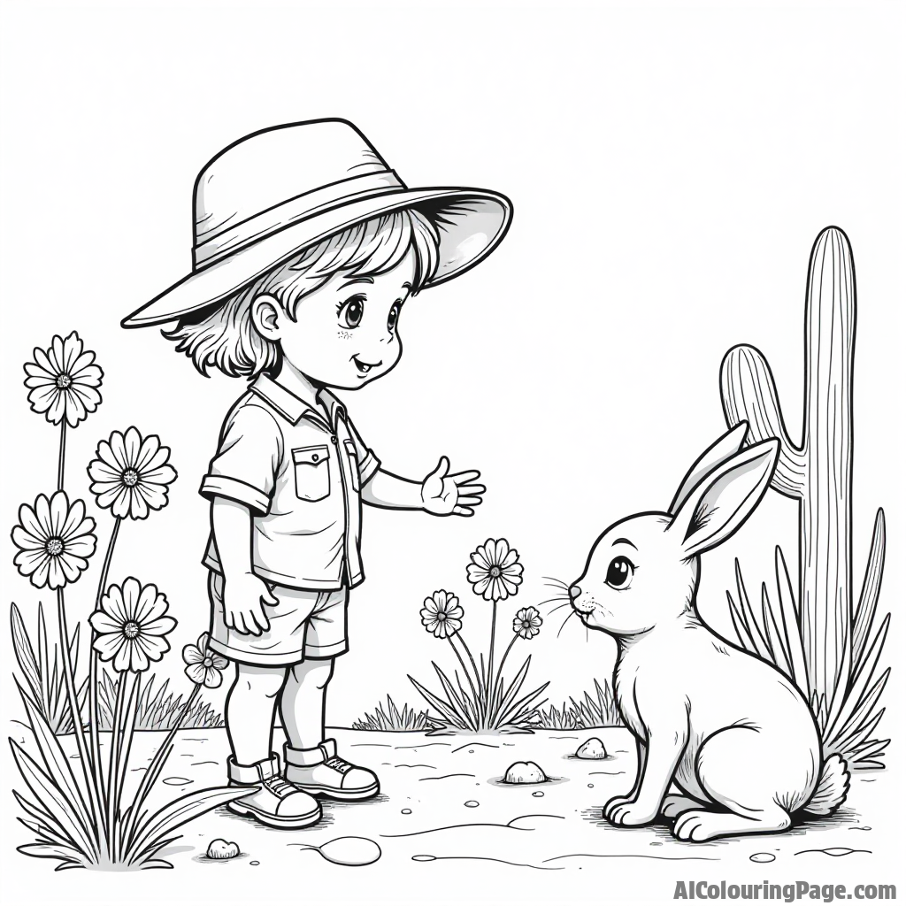 A child with a safari hat discovering colorful desert flowers while a curious rabbit watches nearby, emphasizing the importance of nature and exploration in a fun black and white illustration.