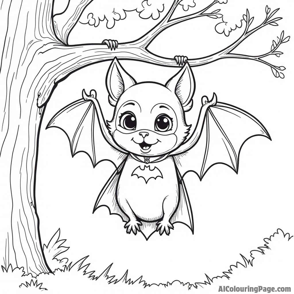 A cute cartoon bat wearing a Batman mask and cape, hanging upside down from a tree branch in a forest.