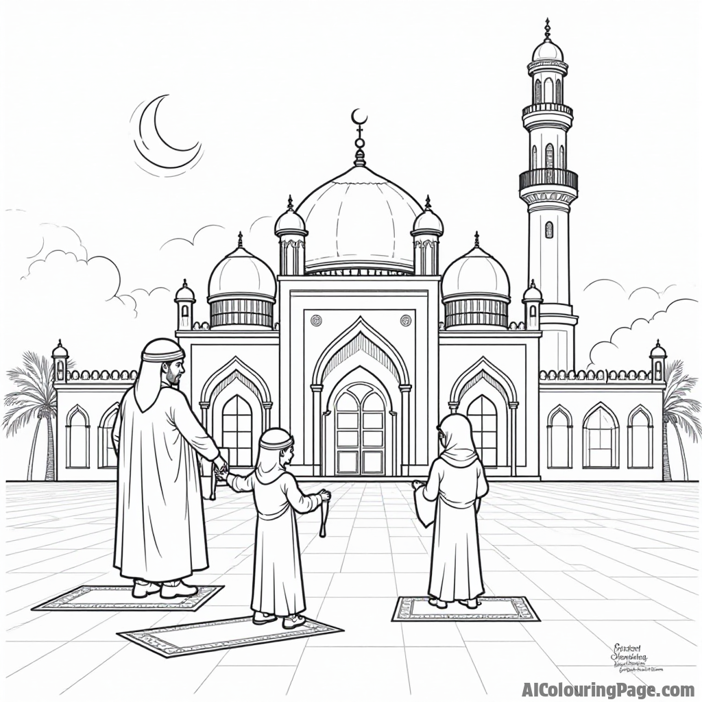 A family visiting a mosque for prayers, with children holding prayer mats, highlighting the importance of community and spirituality during Ramadan. Festivals and Traditions Coloring Sheets.