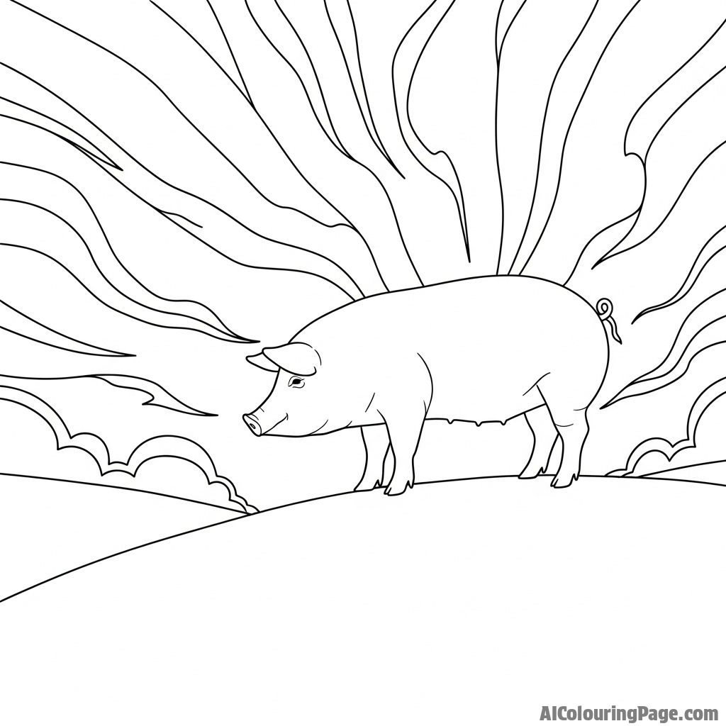 The silhouette of a lone pig standing on a hill against a dramatic sky.