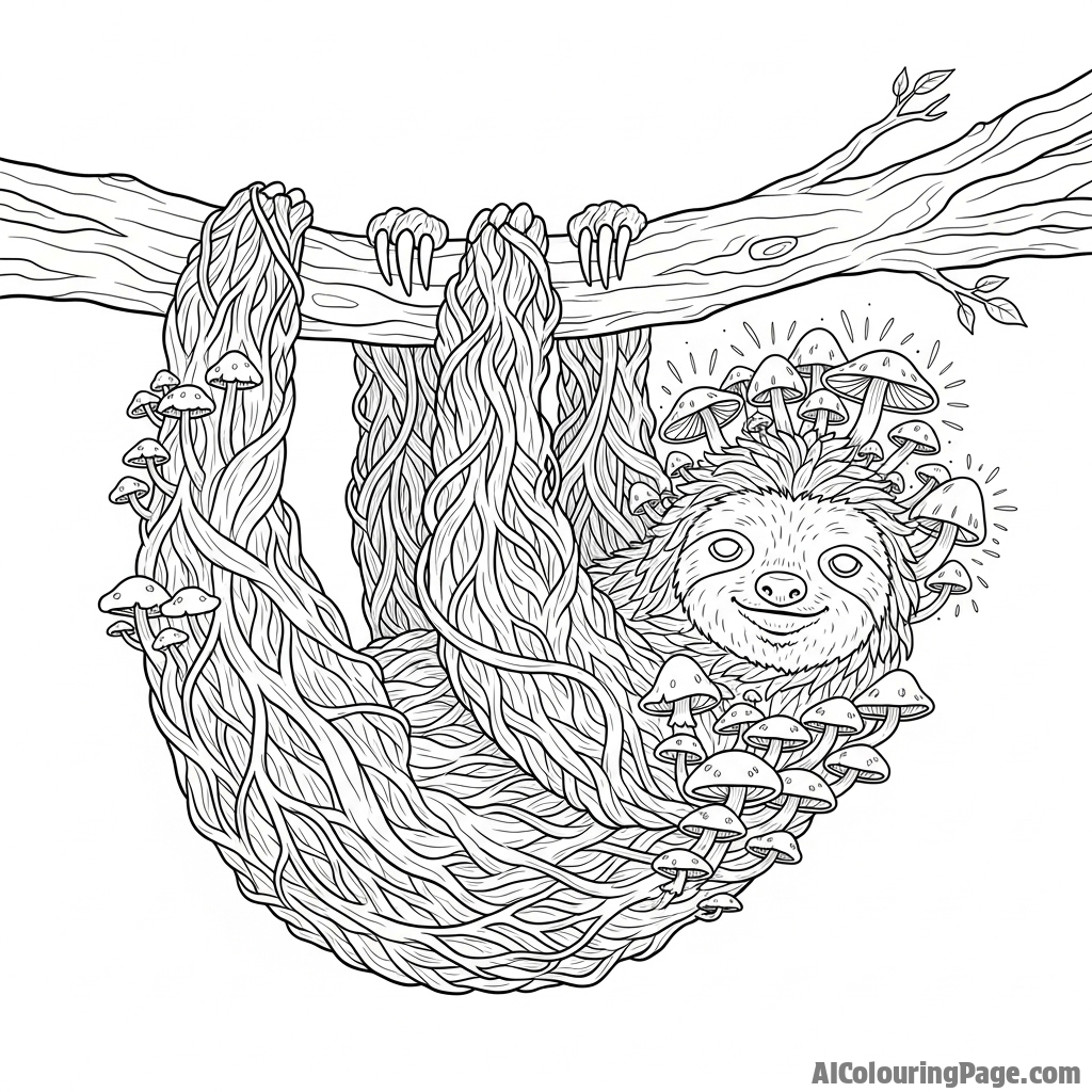 A sloth made entirely of twisted roots and glowing mushrooms.