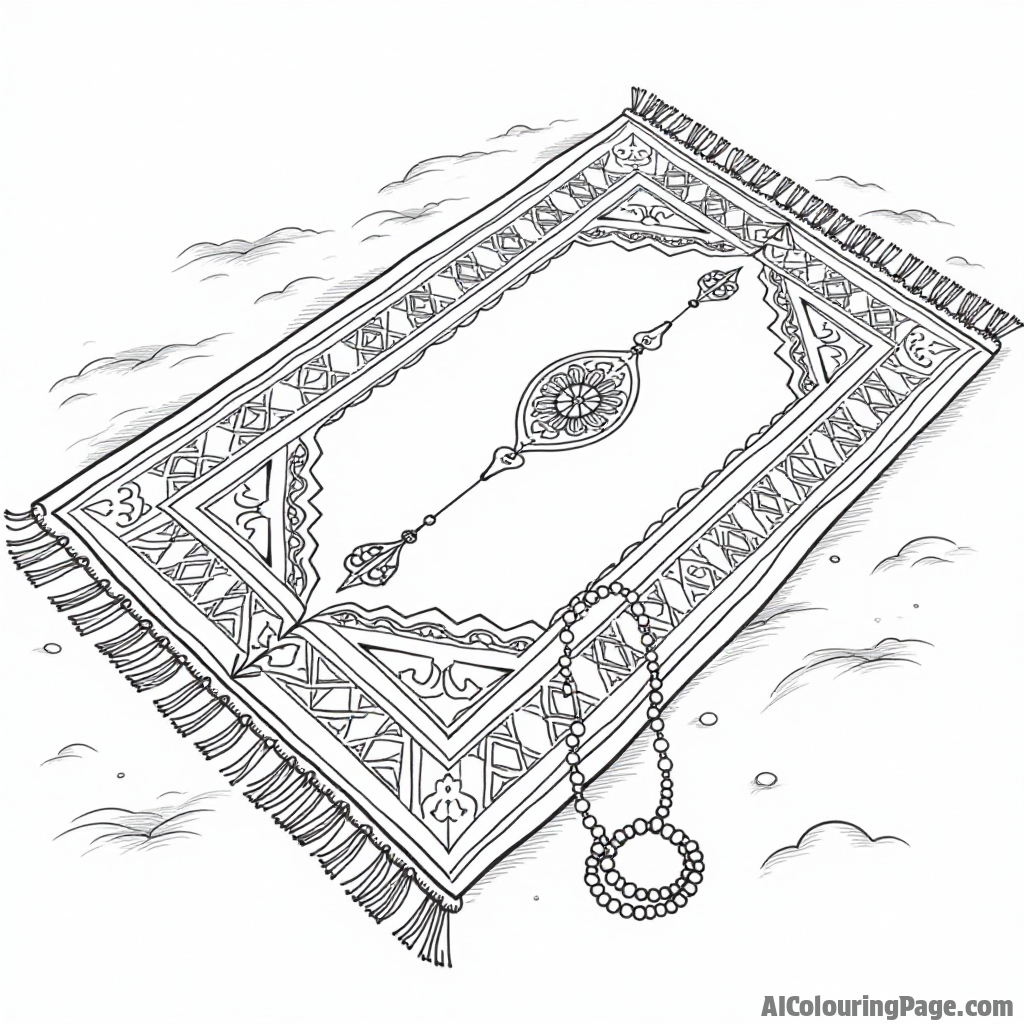 A decorative prayer rug with geometric patterns, laid out on the ground, alongside a prayer bead necklace, capturing the essence of Ramadan spirituality. Festivals and Traditions Coloring Sheets.