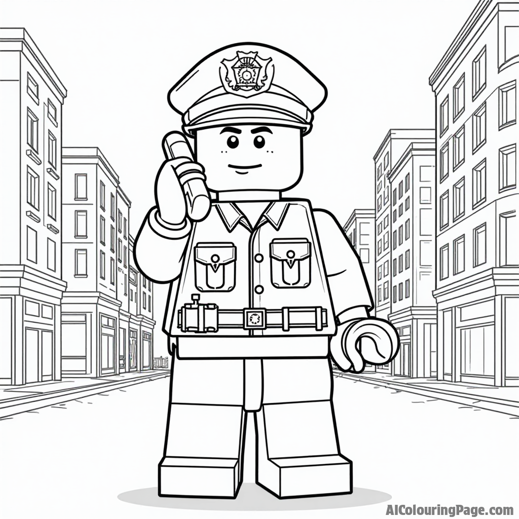 A Lego police officer communicating on a radio, with Lego buildings in the background, designed for kids to color their imaginative police stories.