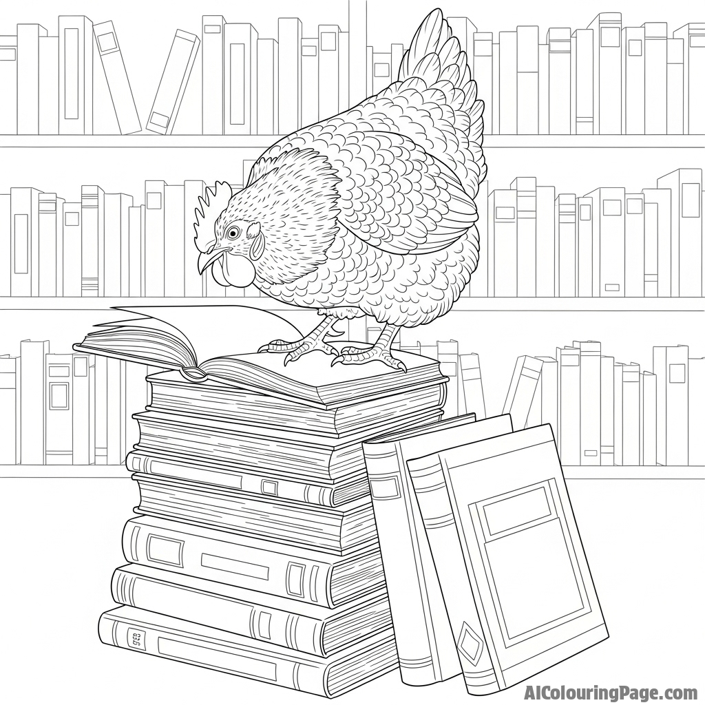 A hen in a library, perched on a stack of old books.