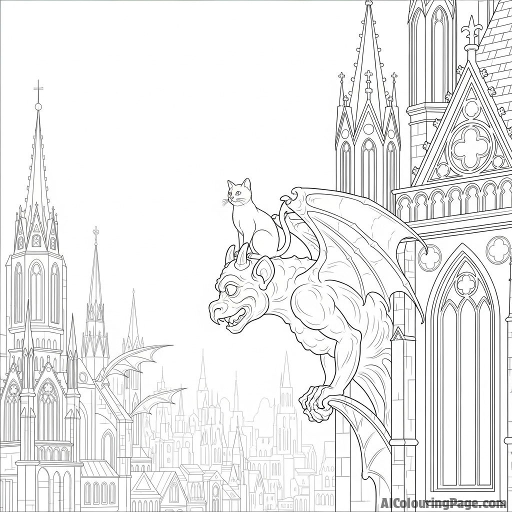 A cat perched on a gargoyle, overlooking a gothic city.