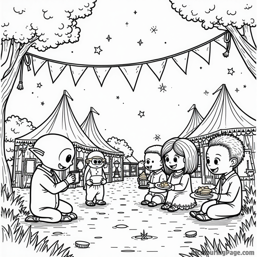 A lively alien festival with colorful banners, children playing games, and families enjoying delicious food under a starry sky.