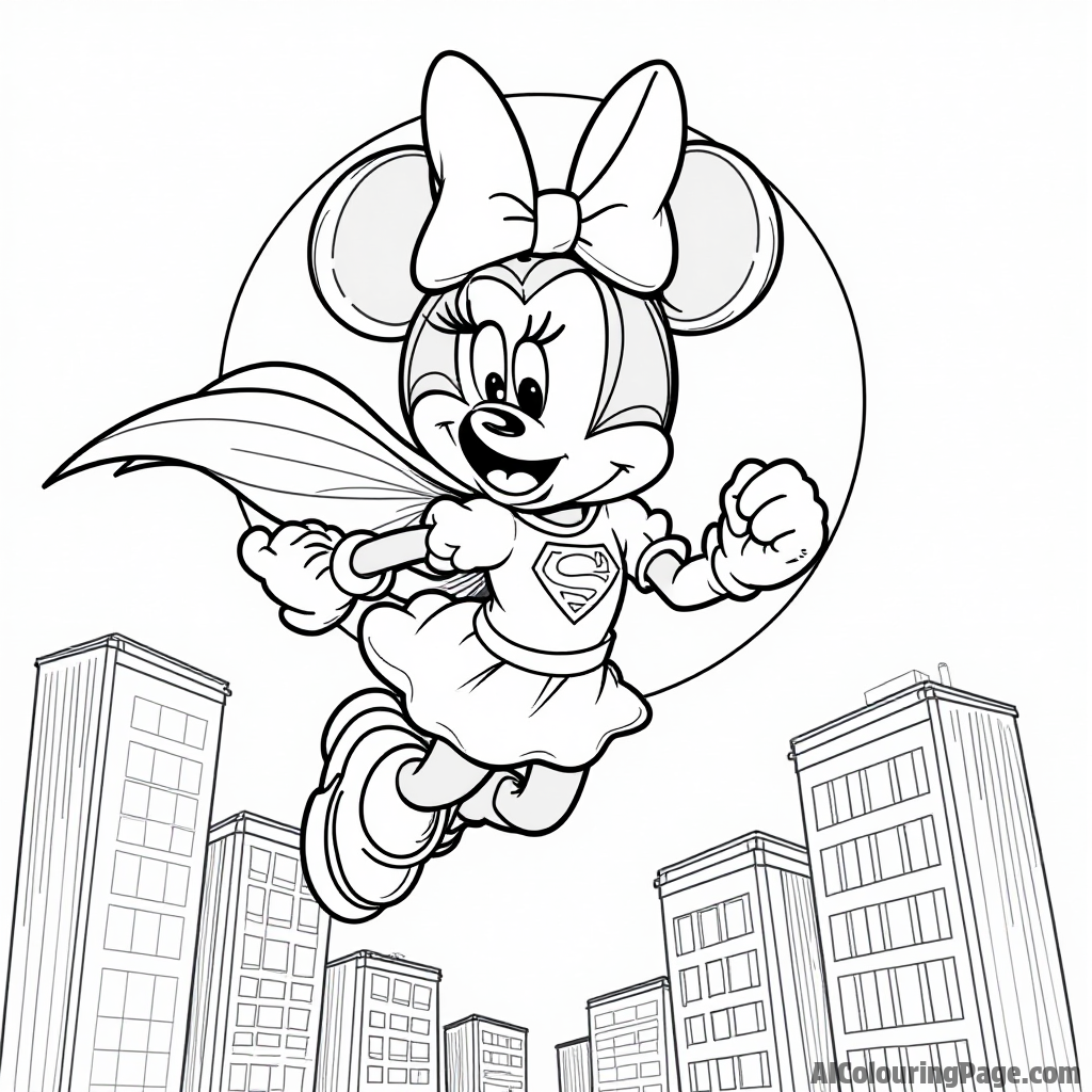 Minnie Mouse dressed as a superhero, flying above the city, with a cape fluttering and a bright moon shining behind