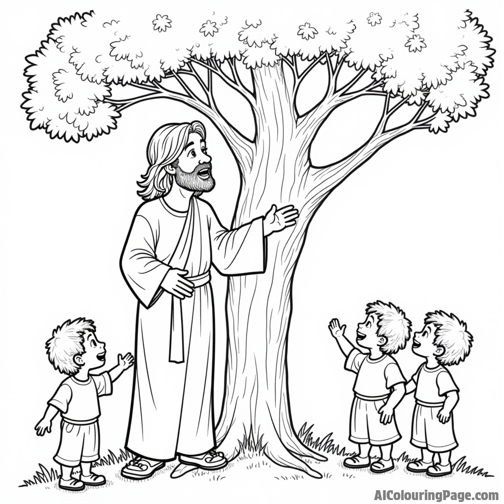 Jesus and Zacchaeus in a tree, joyful expressions, other children watching from below, bright sun above