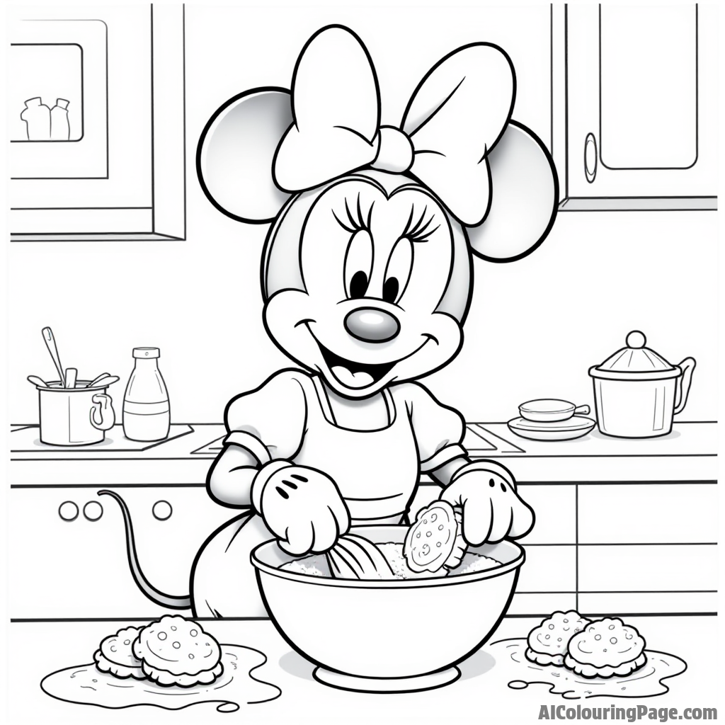 Minnie Mouse baking cookies in her kitchen, with flour scattered, smiling as she stirs a mixing bowl.