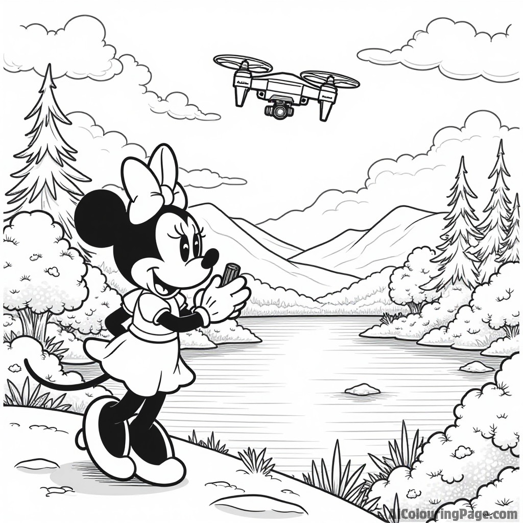 Minnie Mouse flying a drone, capturing the beautiful scenery from above with trees and a sparkling lake below.