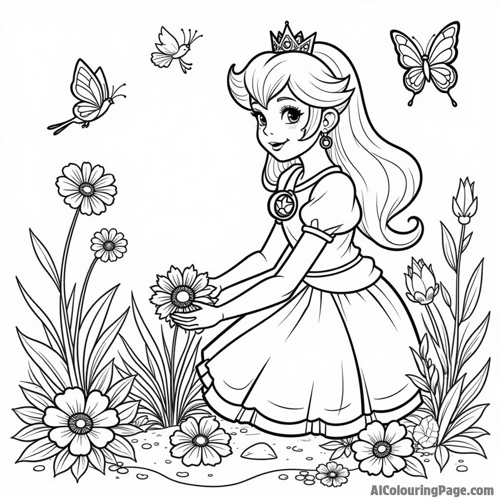 Princess Peach planting flowers in her royal garden with butterflies fluttering above and birds chirping.