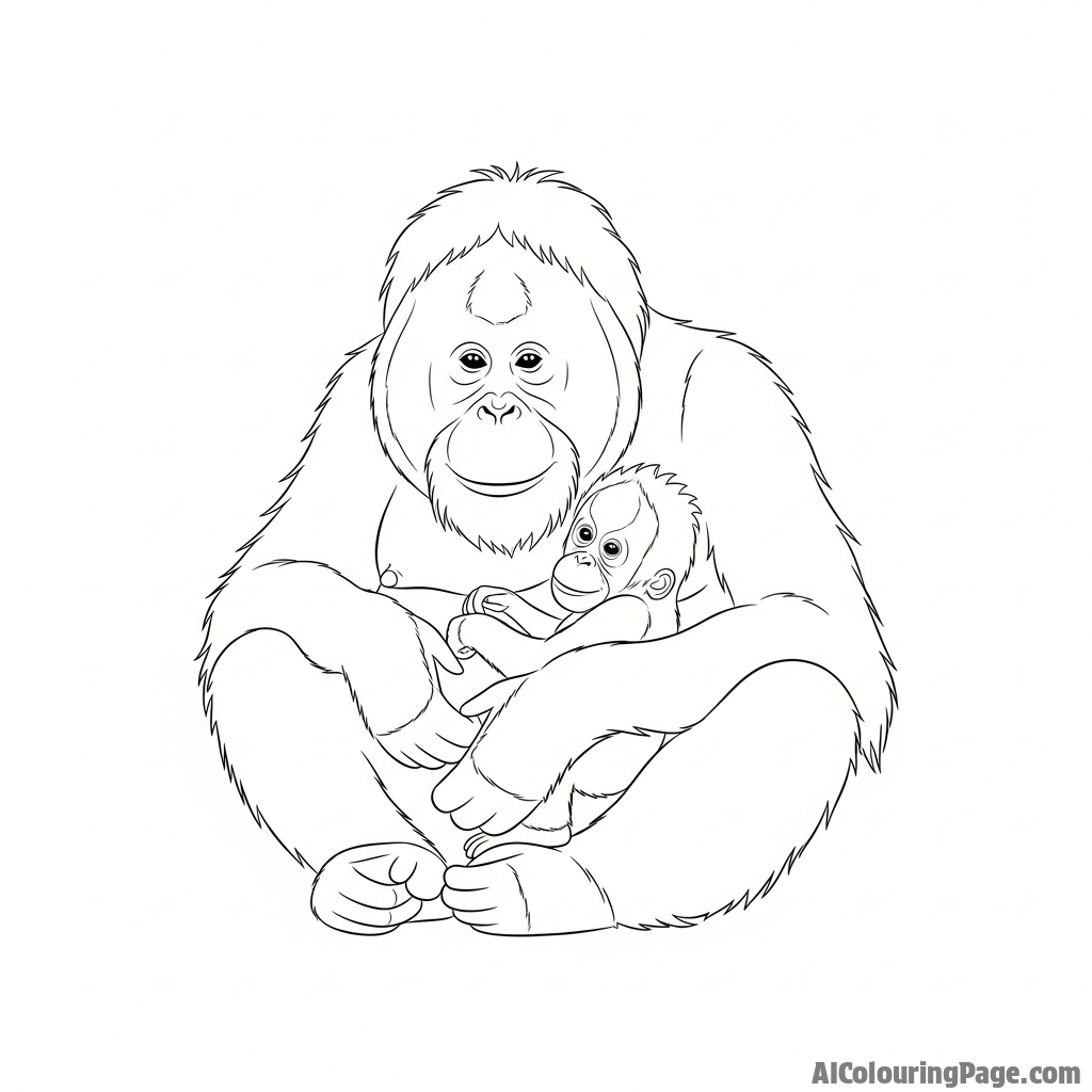 An orangutan mother gently cradling her infant