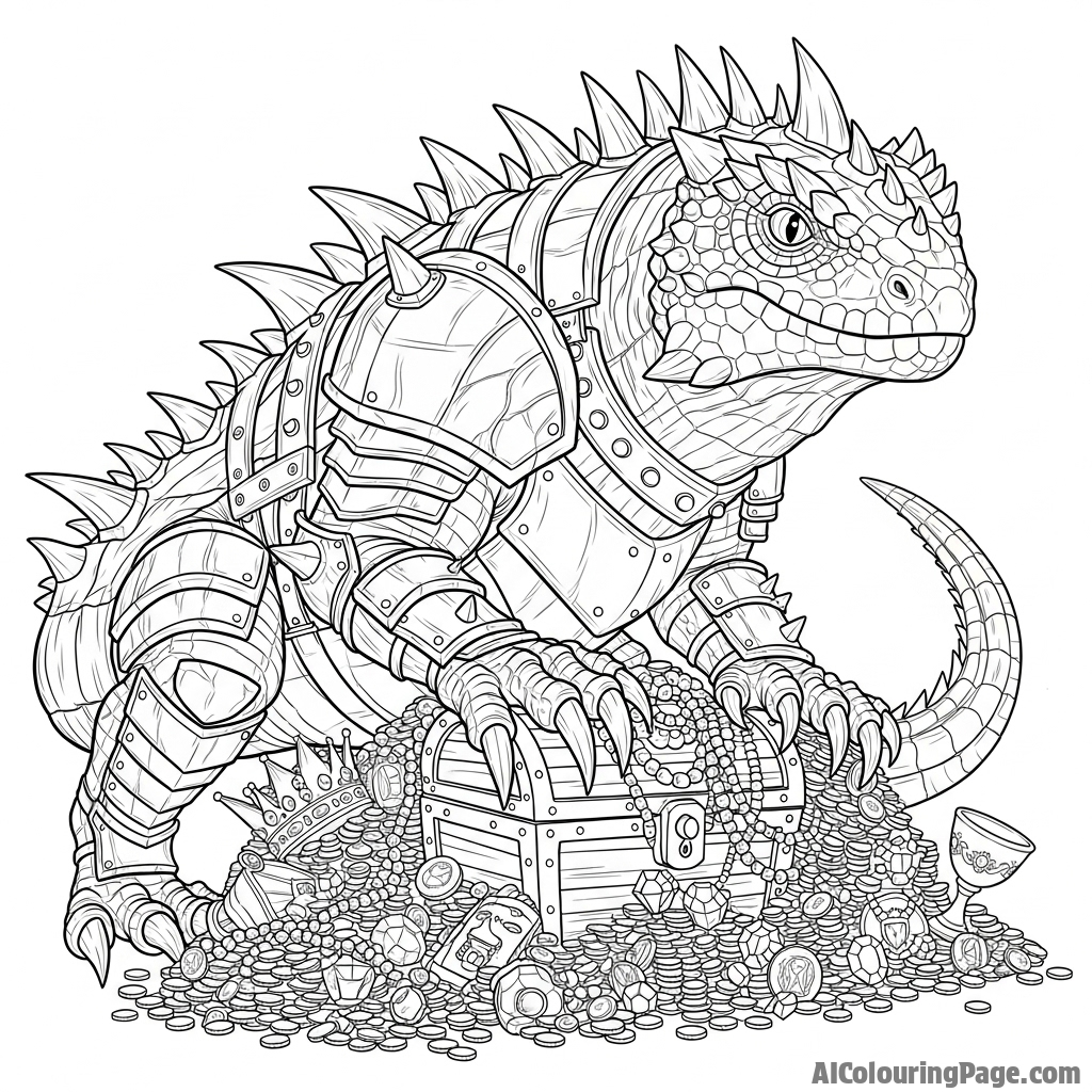 A fantasy illustration of a giant, armored lizard guarding a treasure.