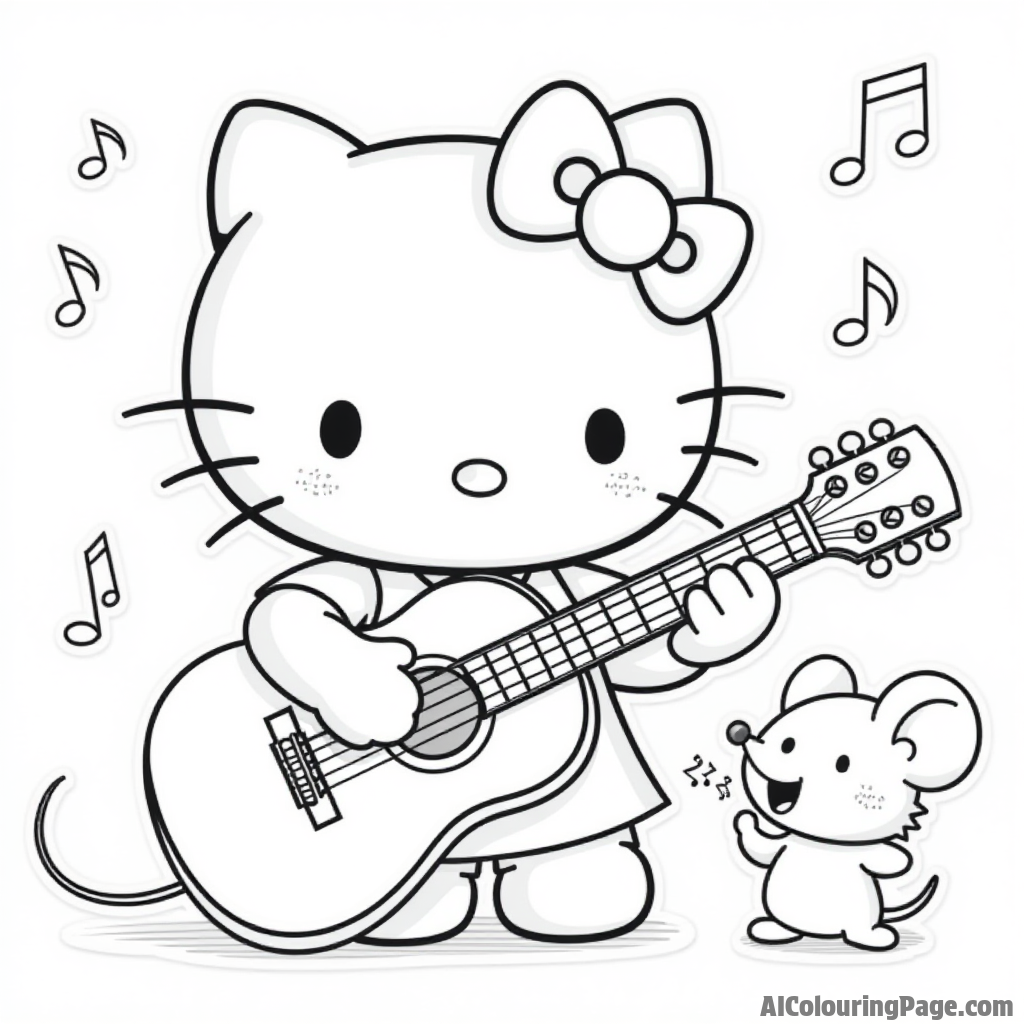 Hello Kitty learning to play the guitar with music notes floating around and a cute mouse friend singing along