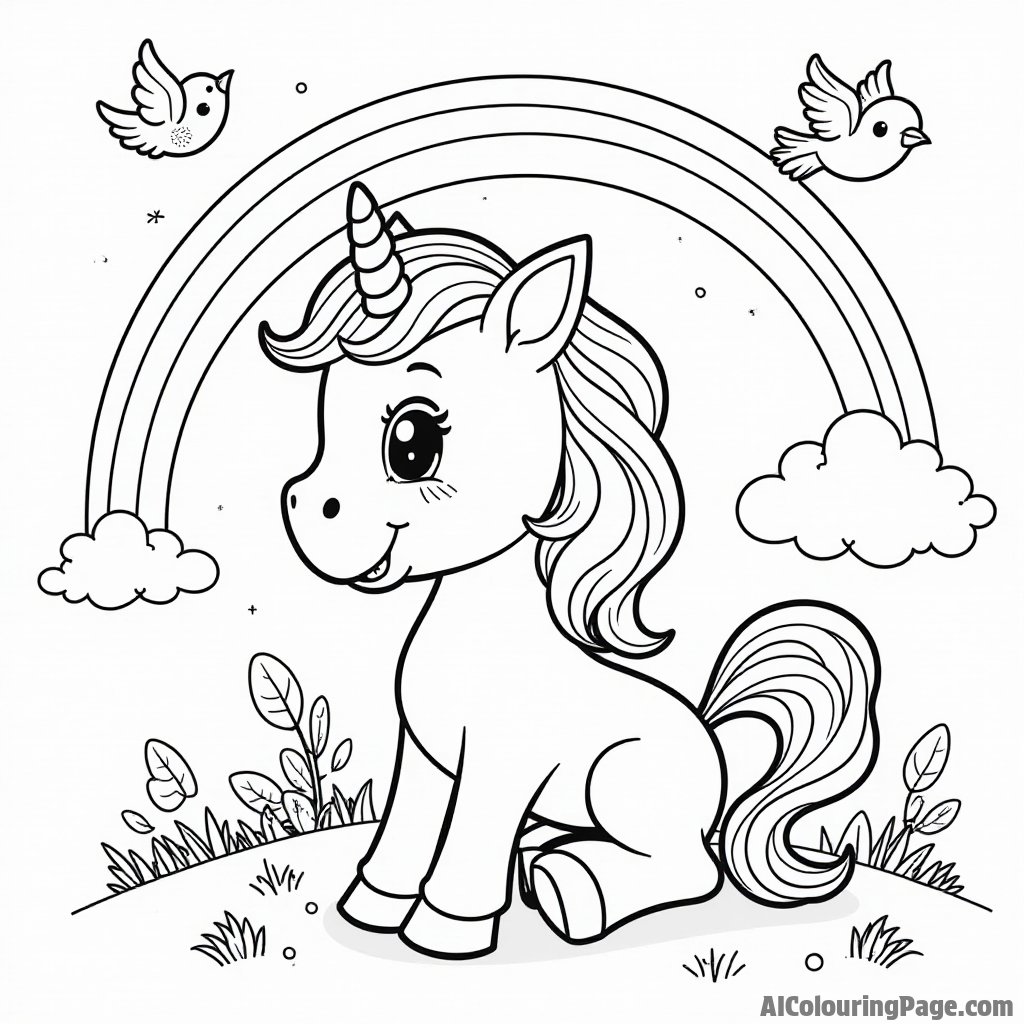 A cheerful pony sitting under a rainbow, surrounded by fluffy clouds and playful birds in a sunny sky.