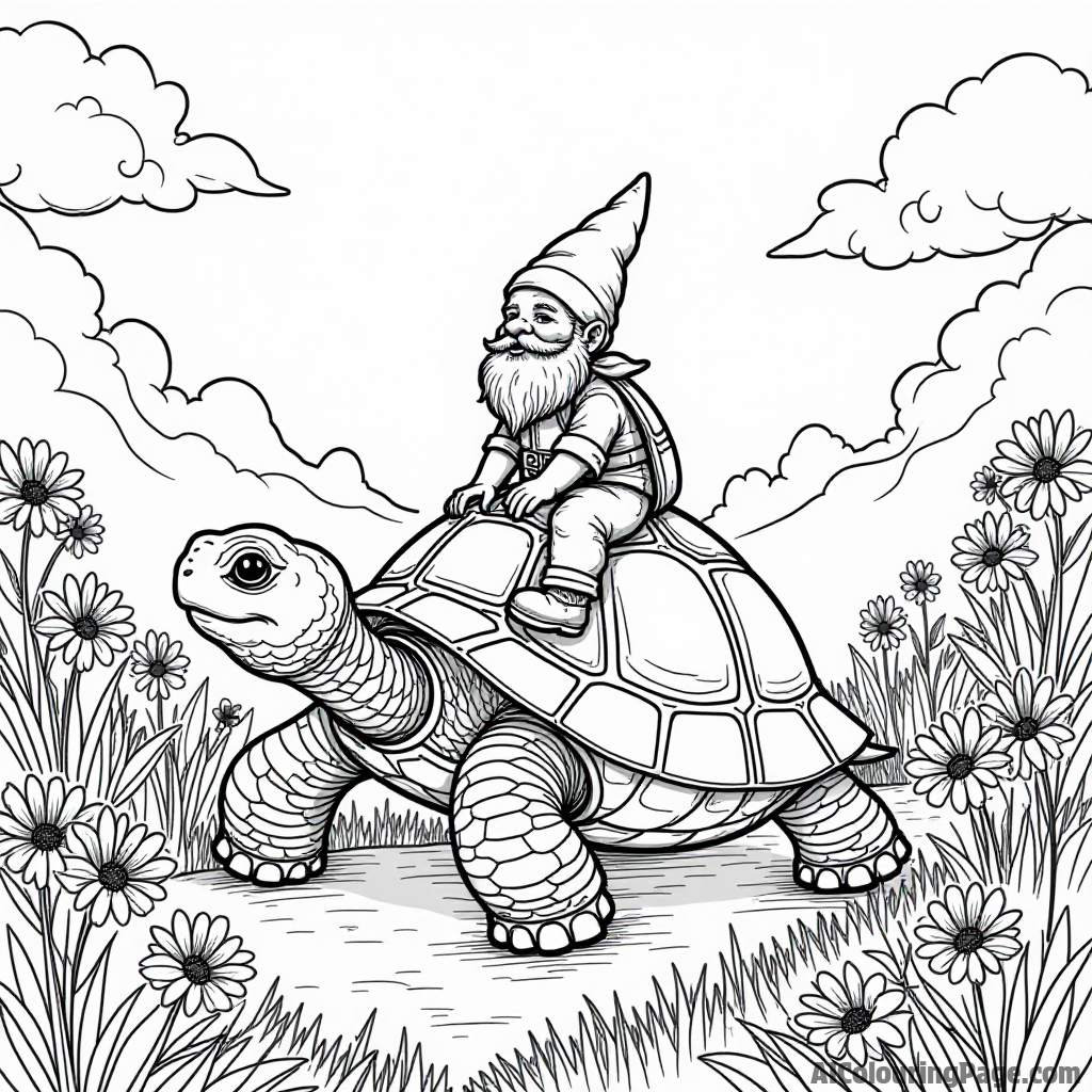 A gnome riding on the back of a giant turtle through a magical landscape filled with colorful flowers and trees.