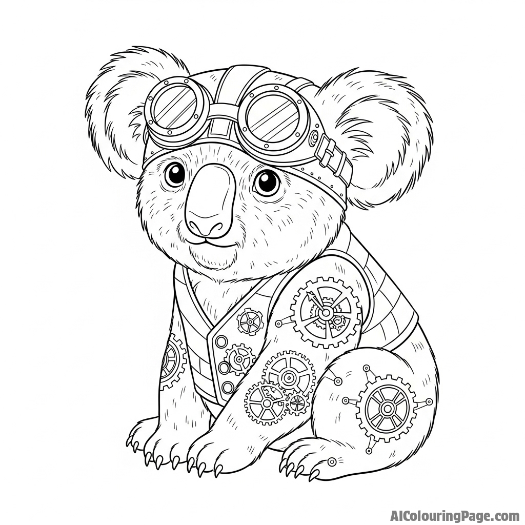 A steampunk koala adorned with brass goggles and intricate clockwork gears.